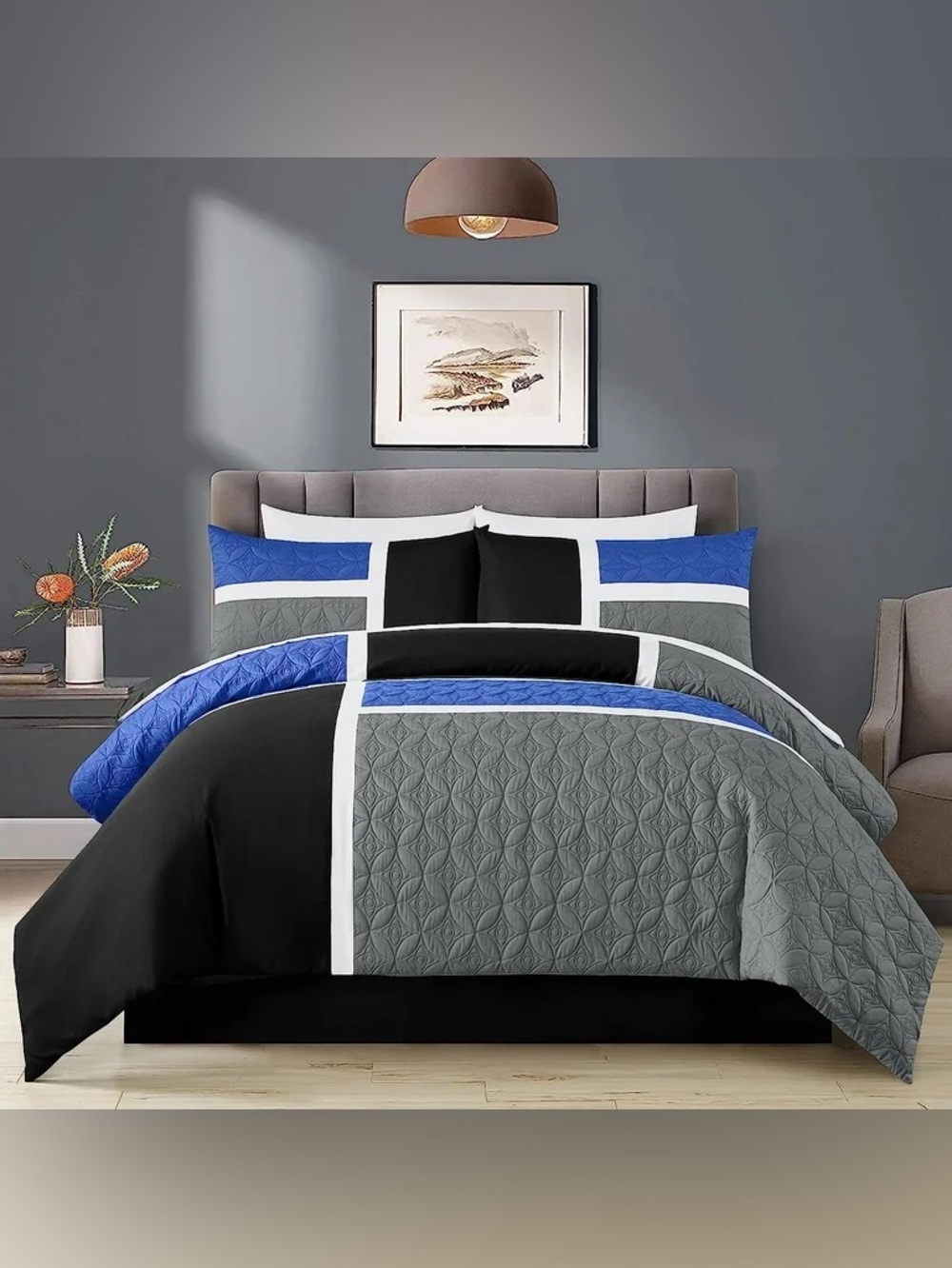 Modern Colorblock Queen 3 piece Comforter Set in Black, Blue & Gray - Picture 2 of 6